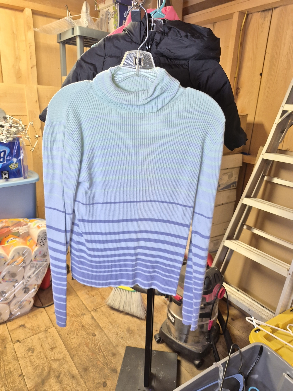 Striped Light Blue Ribbed Turtleneck Sweater for Women Bin 41